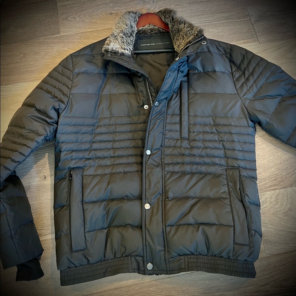 Marc NY Quilted Puffer Jacket, real fur collar trim.